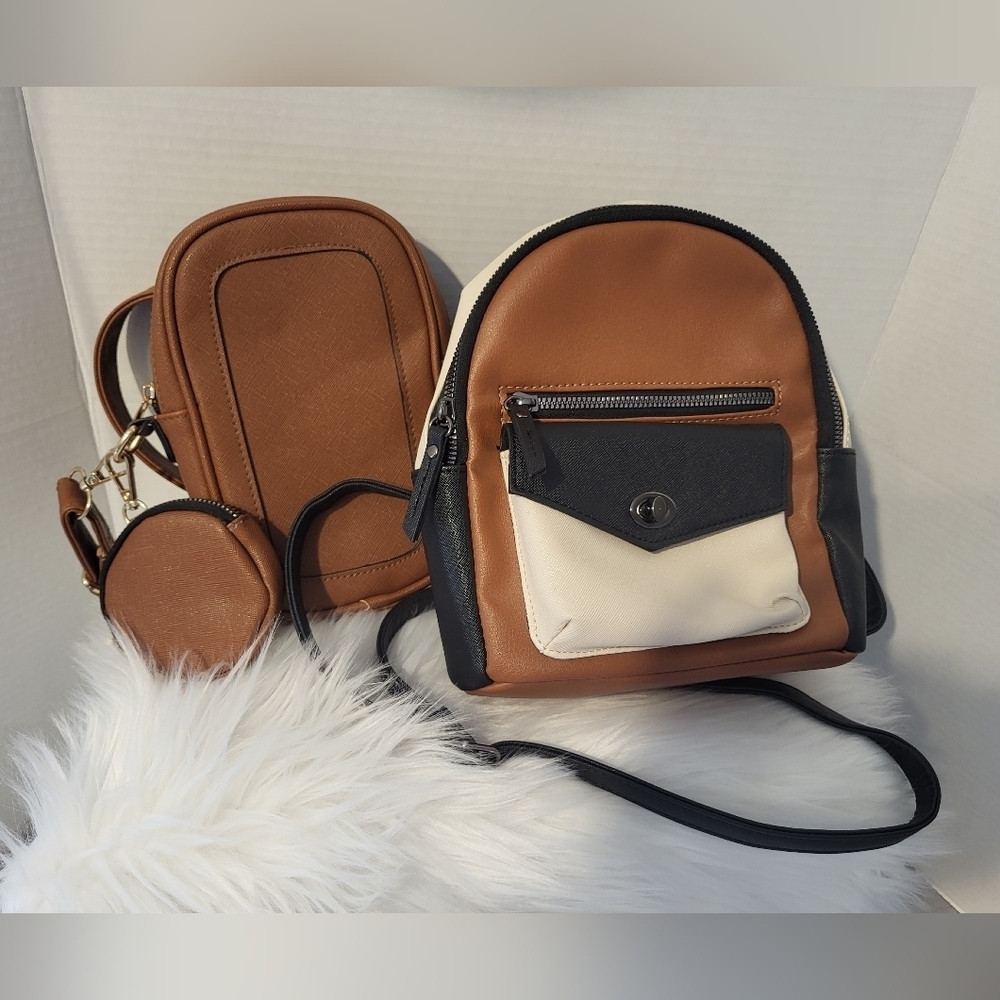 2 For 1 Deal- 1 Stylish Tan and Black Women's Backpack, 2 Crossbody Tan Purse.